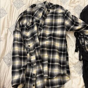 Woman’s oversized Black & White Plaid Flannel Shirt with Subtle Yellow Accent